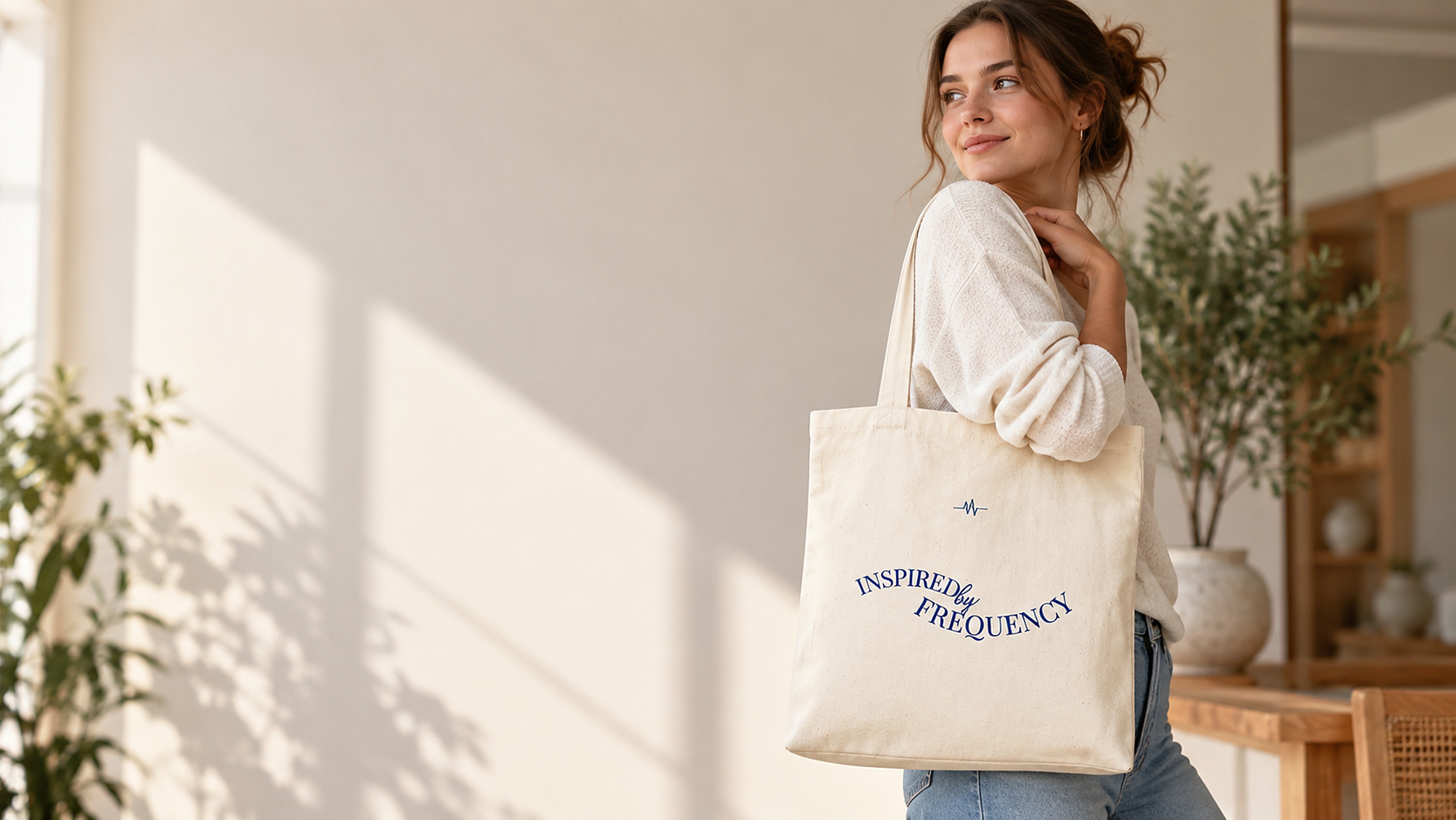A woman in a cream sweater carrying the Inspired by Frequency canvas tote over her shoulder